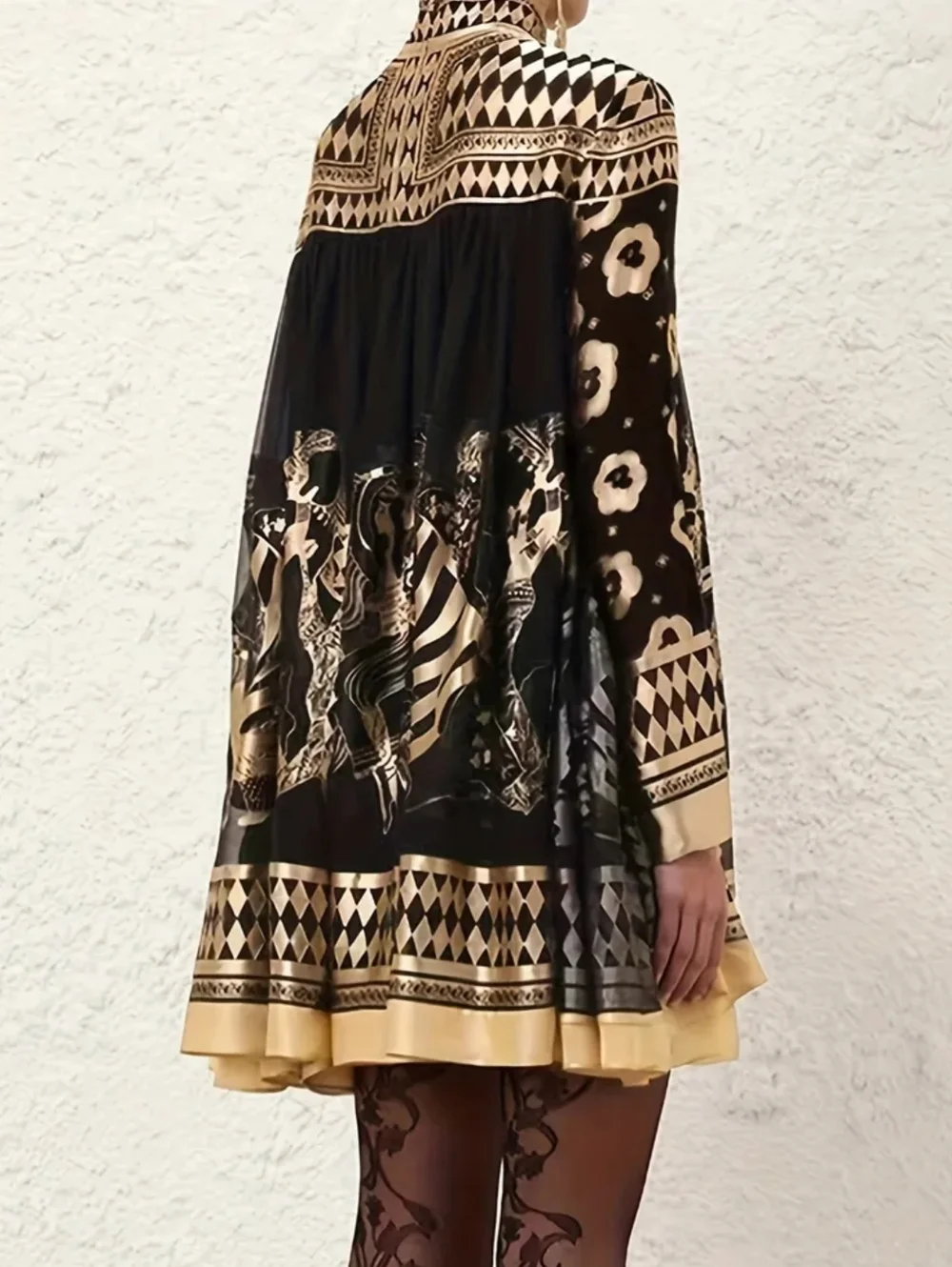 Black & Gold High-Neck Printed Swing Dress - Picture 7 of 7